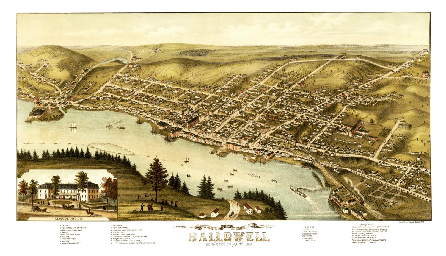 Vintage Map of Hallowell, Maine 1878
