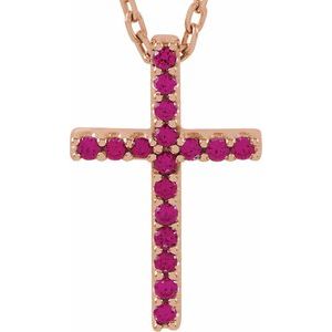 14K Rose Gold Natural Ruby Petite Cross 16" Necklace