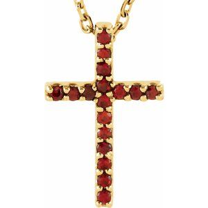 14K Yellow Gold Natural Mozambique Garnet Petite Cross 16" Necklace