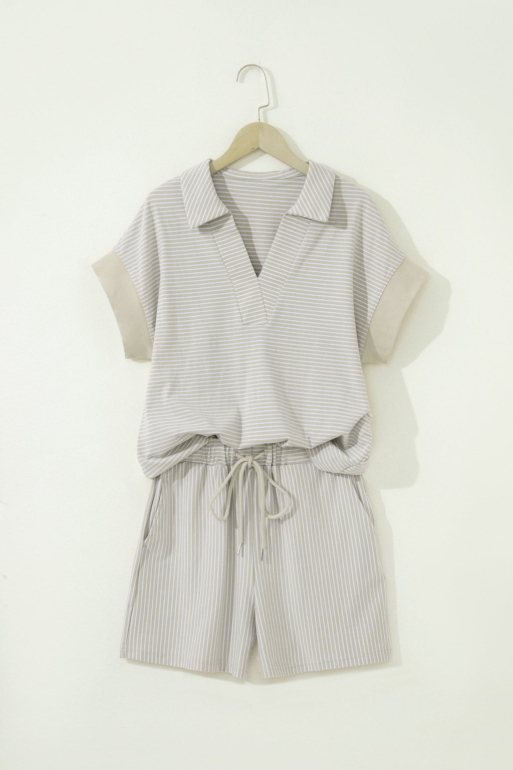 Stripe Dolman Sleeve Polo Shirt & Drawstring Shorts Set
