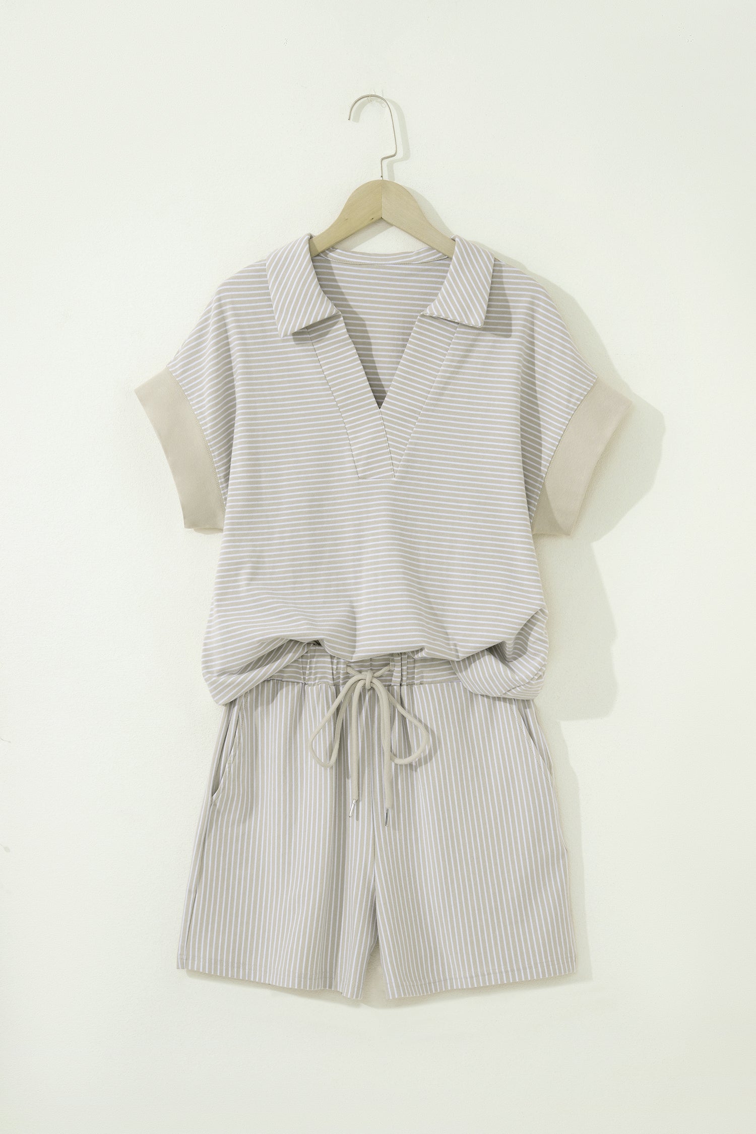 Stripe Dolman Sleeve Polo Shirt & Drawstring Shorts Set