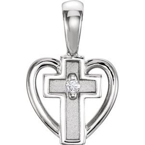 14K White Gold .01 CT Natural Diamond Cross & Heart Pendant