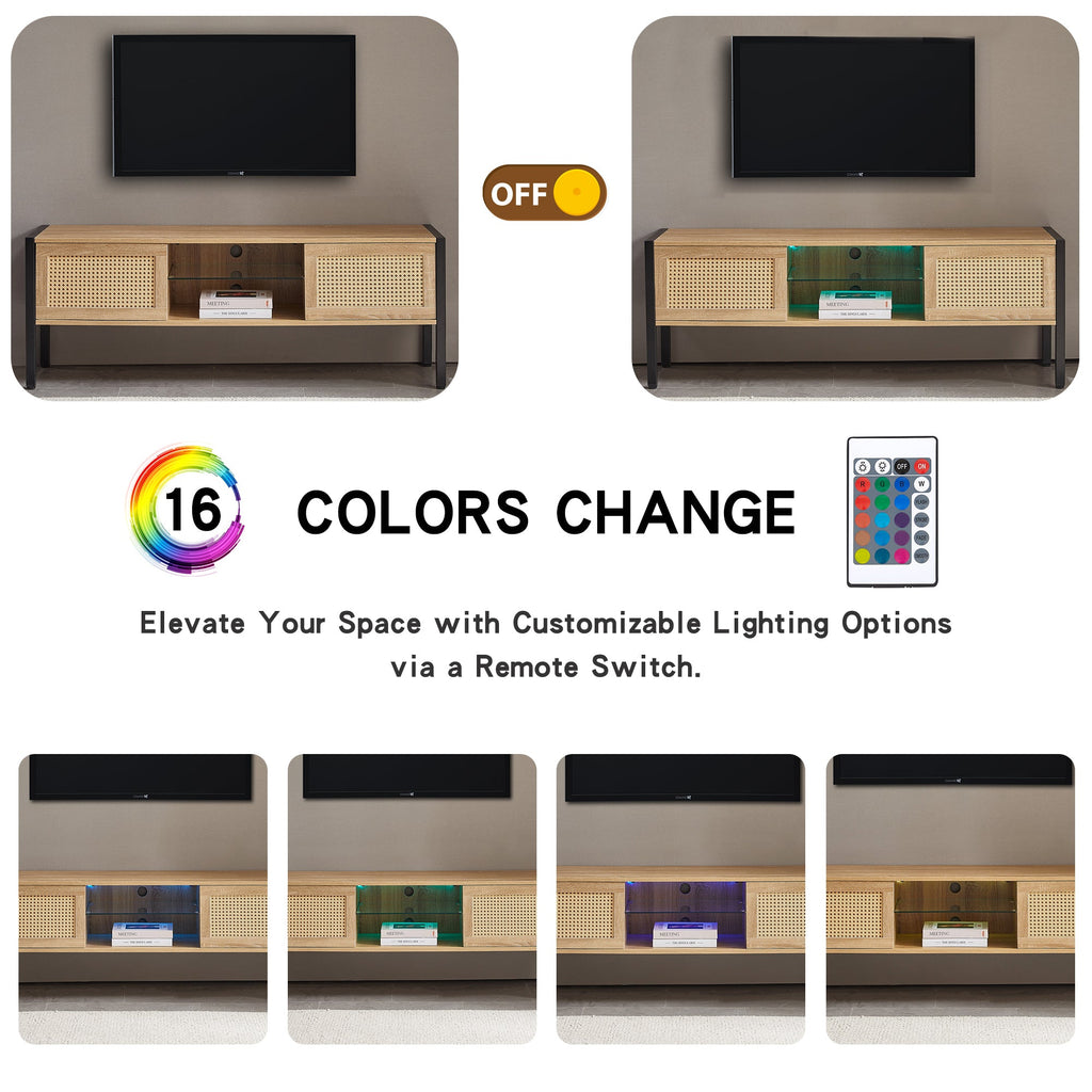 Natural Rattan TV Cabinet with Color Light Strip, Double Sliding Doors, Adjustable Shelf, Metal Legs, 54.33 Inches