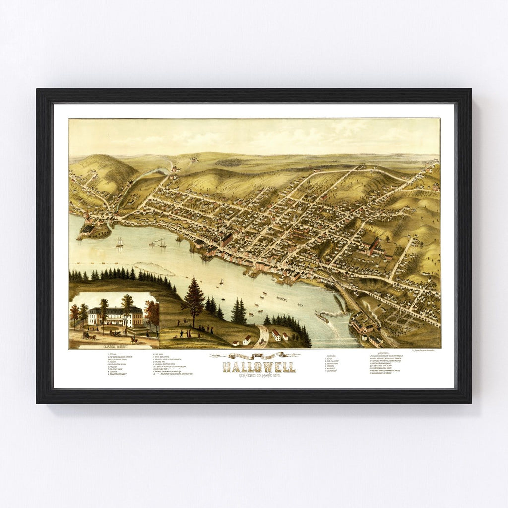 Vintage Map of Hallowell, Maine 1878