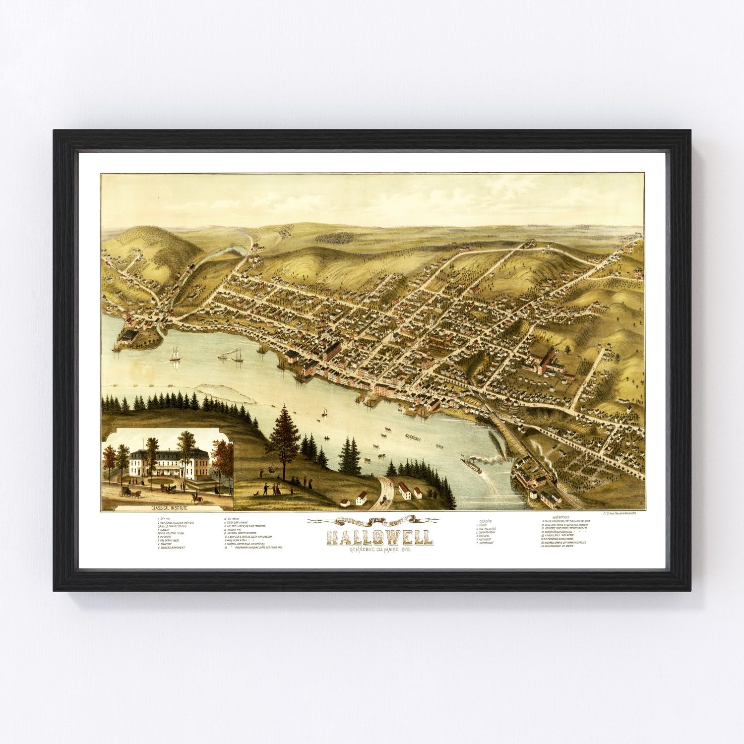 Vintage Map of Hallowell, Maine 1878