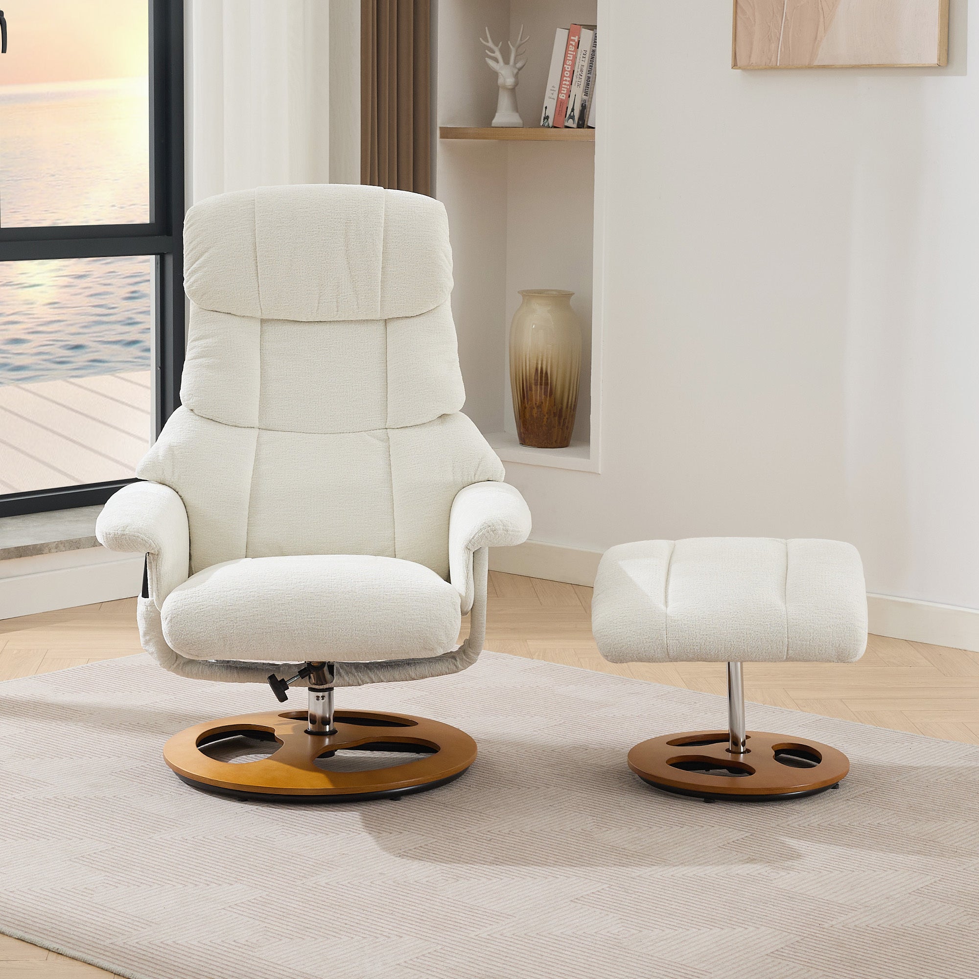 010-Ergonomic Recliner Chair with Ottoman, Modern 360° Swivel Lounge Chair with Footstool, Chenille Fabric, 5 Point Vibration Massage, Seat Heating & 140° Adjustable Backrest for Home or Office, White