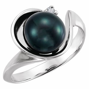 14K White Gold Cultured Black Akoya Pearl & .03 CTW Natural Diamond Ring