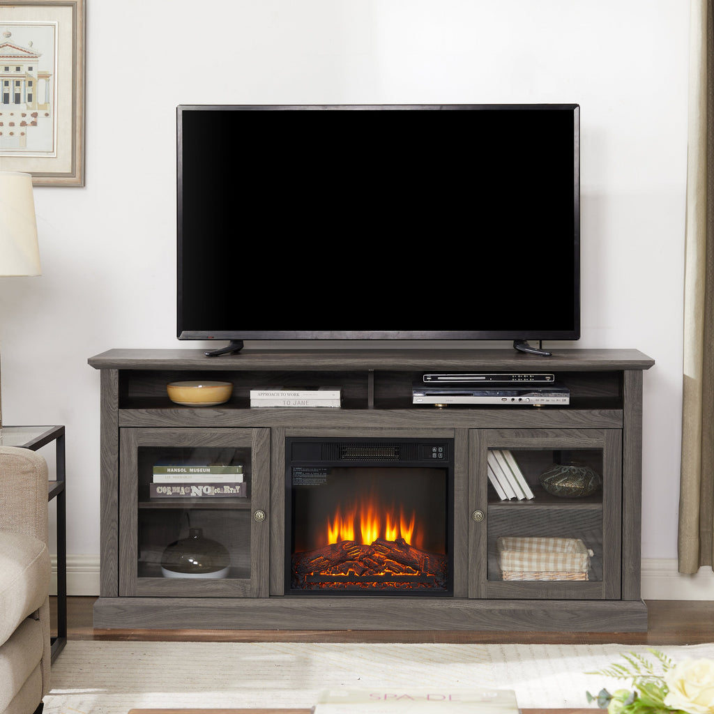 Retro TV Stand for 65'' TV, TV Console Cabinet with Storage, Open Shelves Entertainment Center with 18' Fireplace Insert  for Living Room Dark Walnut 60'W*15.75'D*29'H
