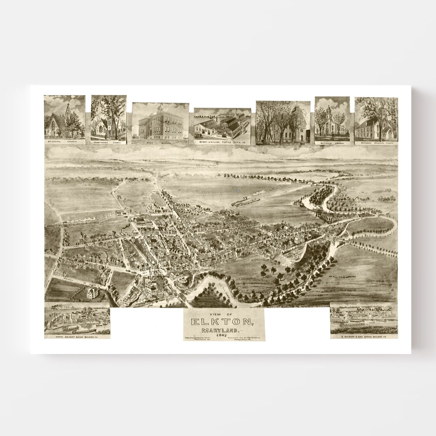 Vintage Map of Elkton, Maryland 1907