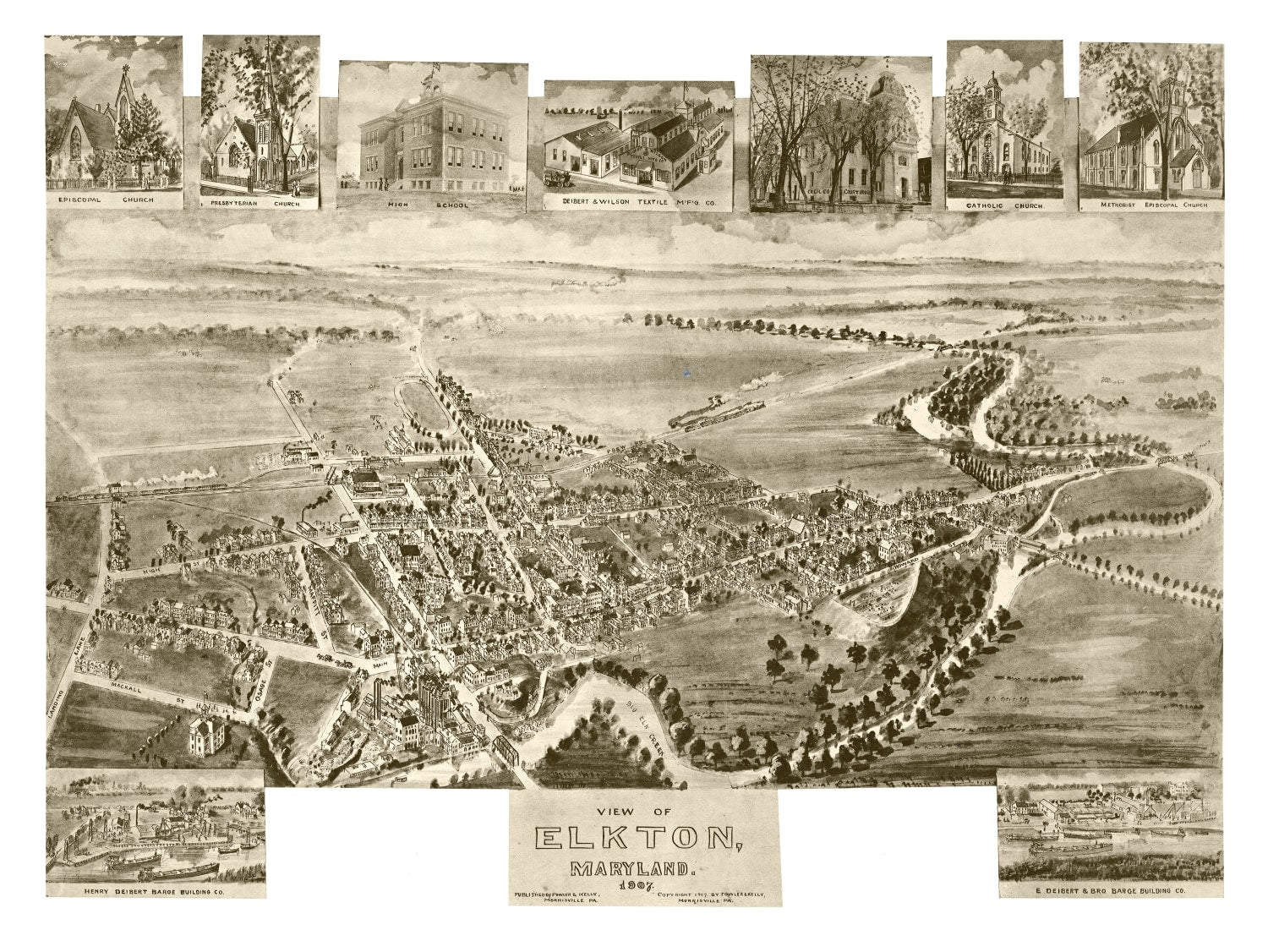 Vintage Map of Elkton, Maryland 1907