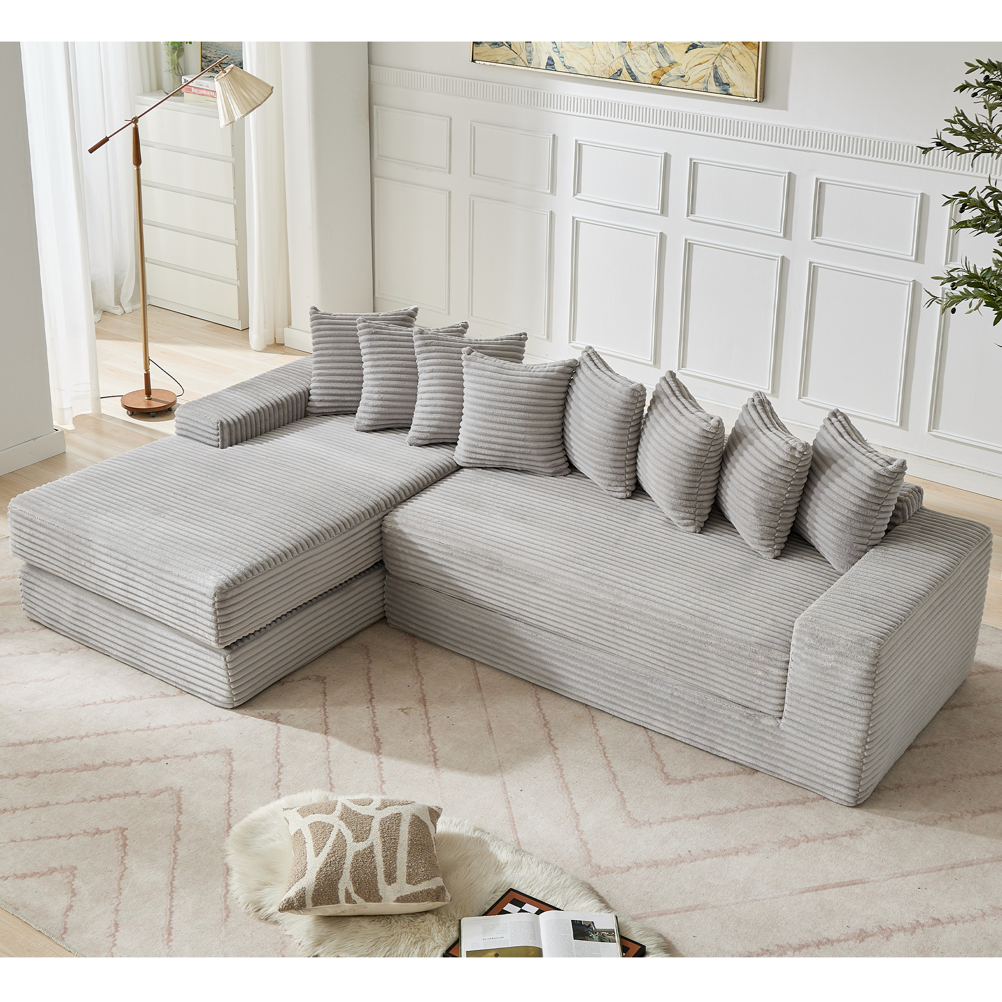 [NEW ARRIVED] [VIDEO PROVIDED]   Oversize Cloud Couch, L-Shape Sofa, Convertible Floor Sleeper Sofa Bed,  No Assembly ,Eight pillows,3-in-1,Side Pocket,(Left Facing Sofa),3 Seat,Corduroy,Light Gray