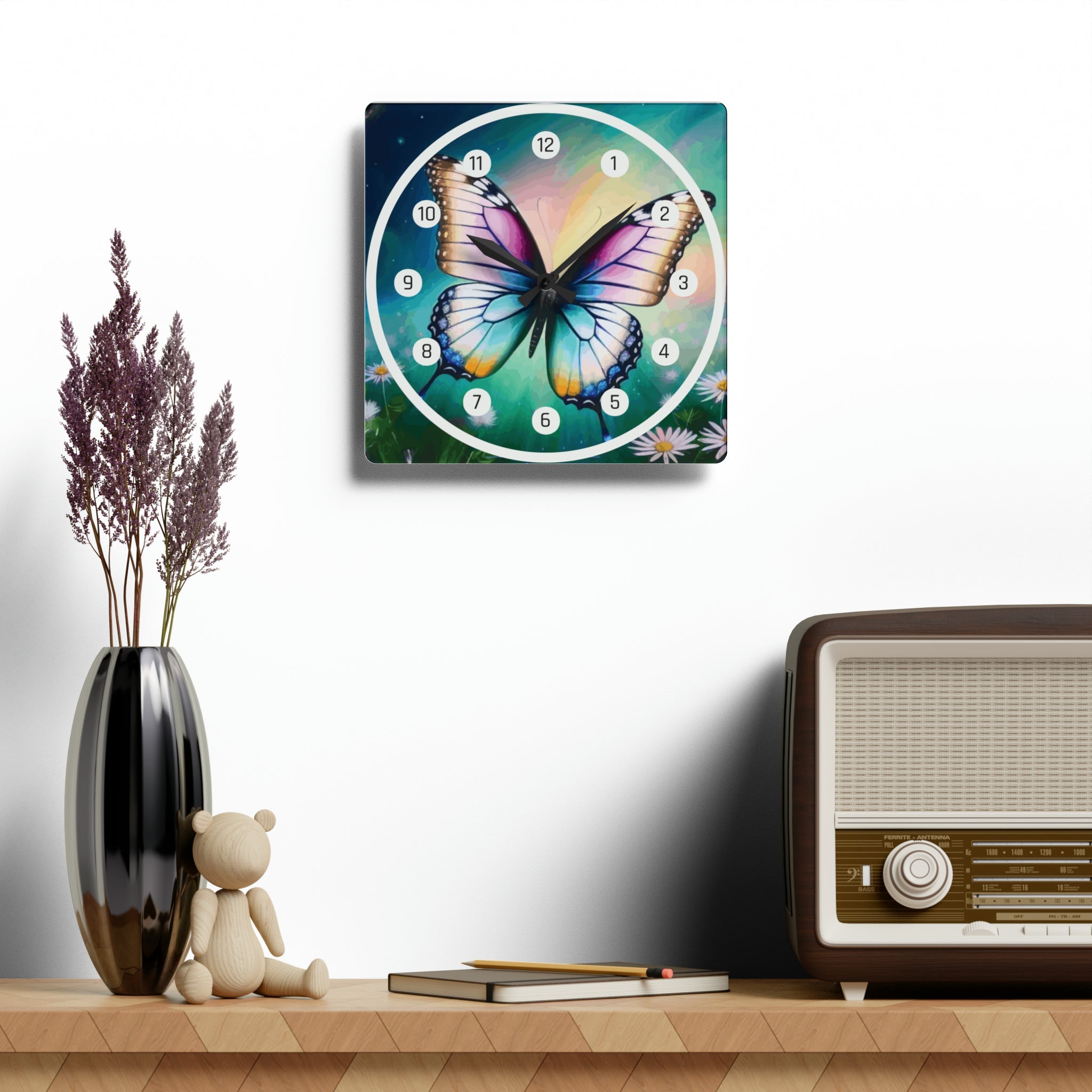 Beautiful Butterfly and Daisies Acrylic Wall Clock