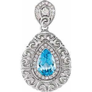 14K White Gold Natural Swiss Blue Topaz & 1/2 CTW Natural Diamond Pendant