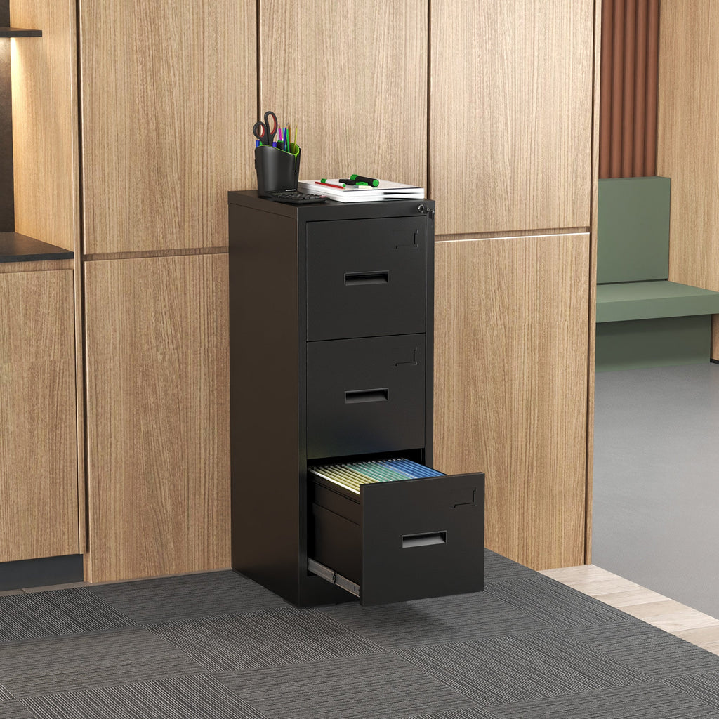 Metal Vertical File Cabinet with Lock and Card Slot for A4 Legal/Letter Size, Black, Durable Steel, 40.4H x 17.7W x 15.2L inches