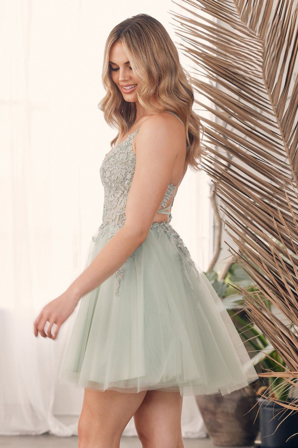 Floral Lace Embellished Short Homecoming Gown w/ Flare Skirt & Spaghetti Straps NXG785