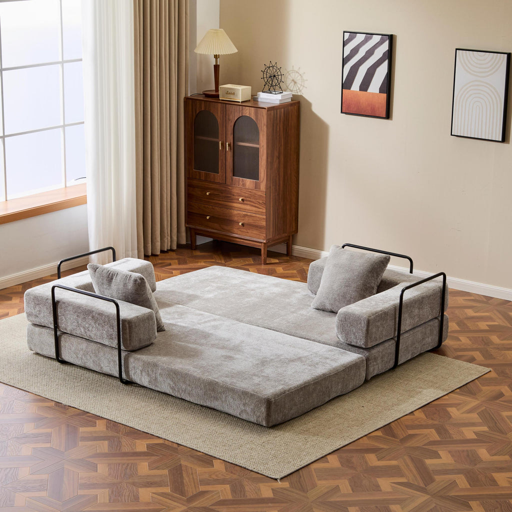 Floor Couch,Compression Sofa,Convertible Floor Sofa Bed-with Pillow Back Support Armrest,Comfy Futon Couch Lounge Sleeper Bed,Chenille fabric,for Living Room Bedroom (LIGHT-GREY)