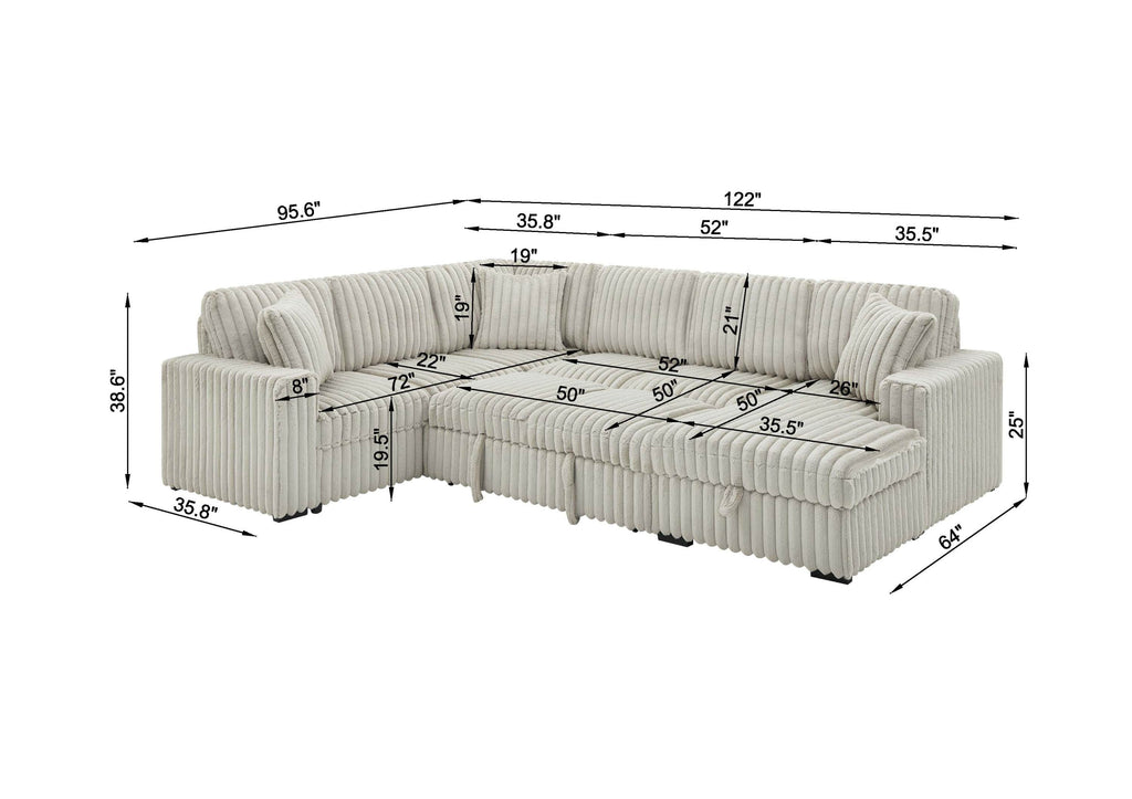 122 Inch Pull Out Couch, Rabbit plush Fabric Sofa Bed with USB Ports & Comfy Upholstered, Oversized U Shape Sectional Sleeper Sofa Bed with Storage Chaise, Khaki