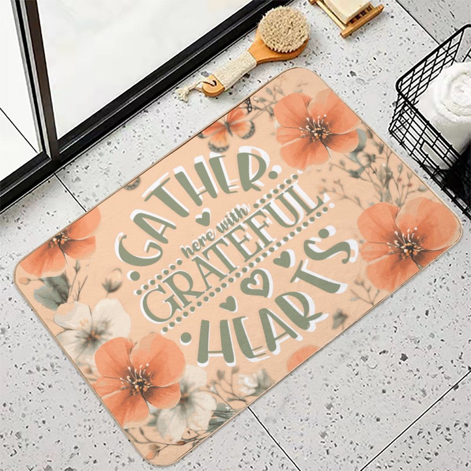 Gather Here with Grateful Hearts Fall Flannel Non-slip Floor Mat (Made in USA)