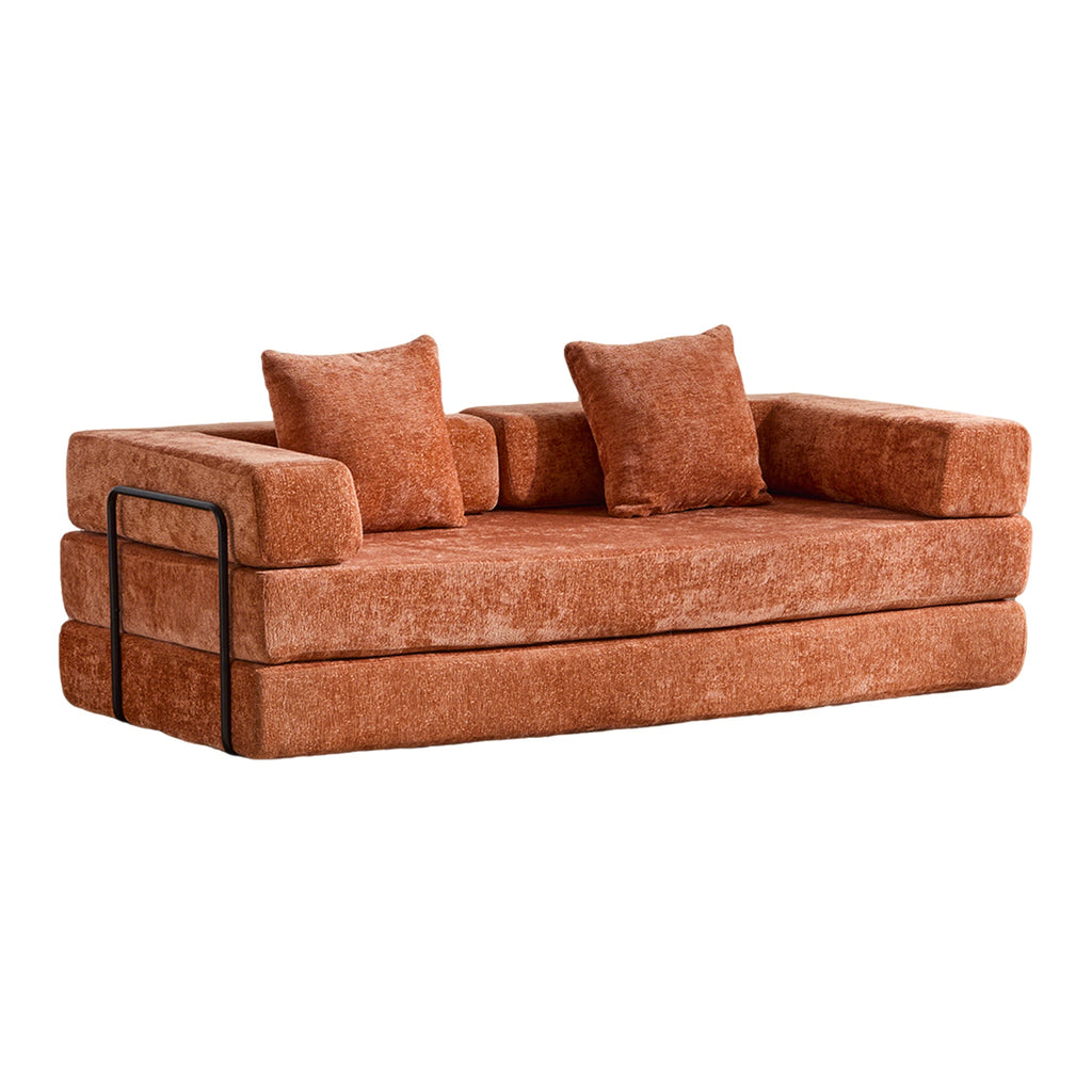 Floor Couch,Compression Sofa,Convertible Floor Sofa Bed-with Pillow Back Support Armrest,Comfy Futon Couch Lounge Sleeper Bed,chenille fabric,for Living Room Bedroom (orange)