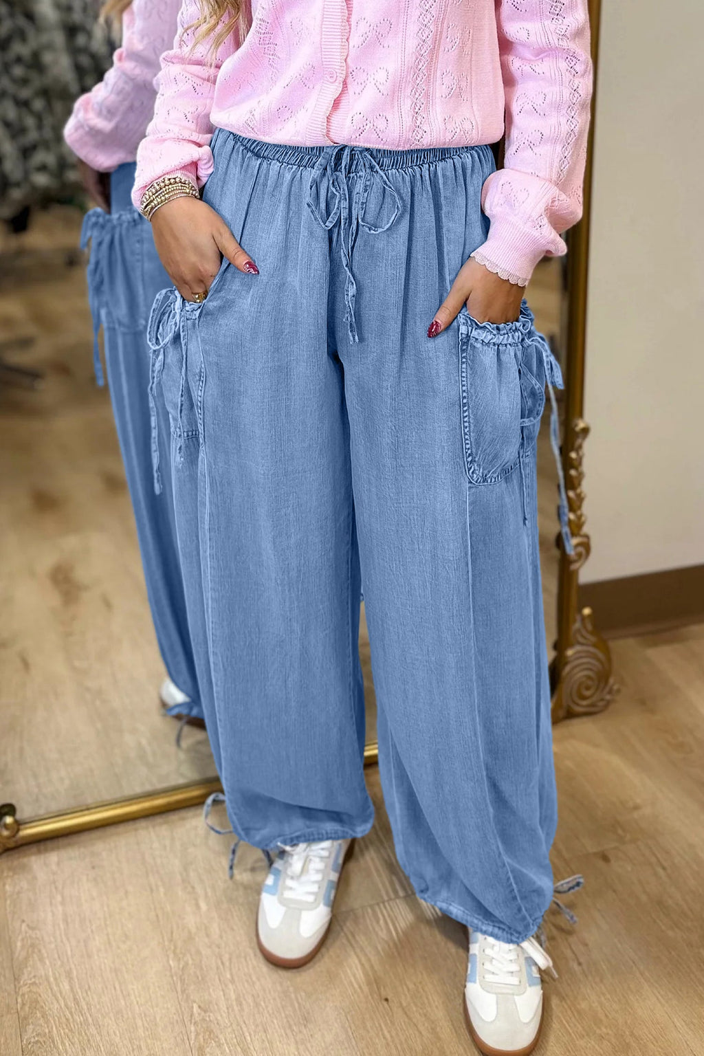 Denim Drawstring Pocket Elastic Waist Loose Pants