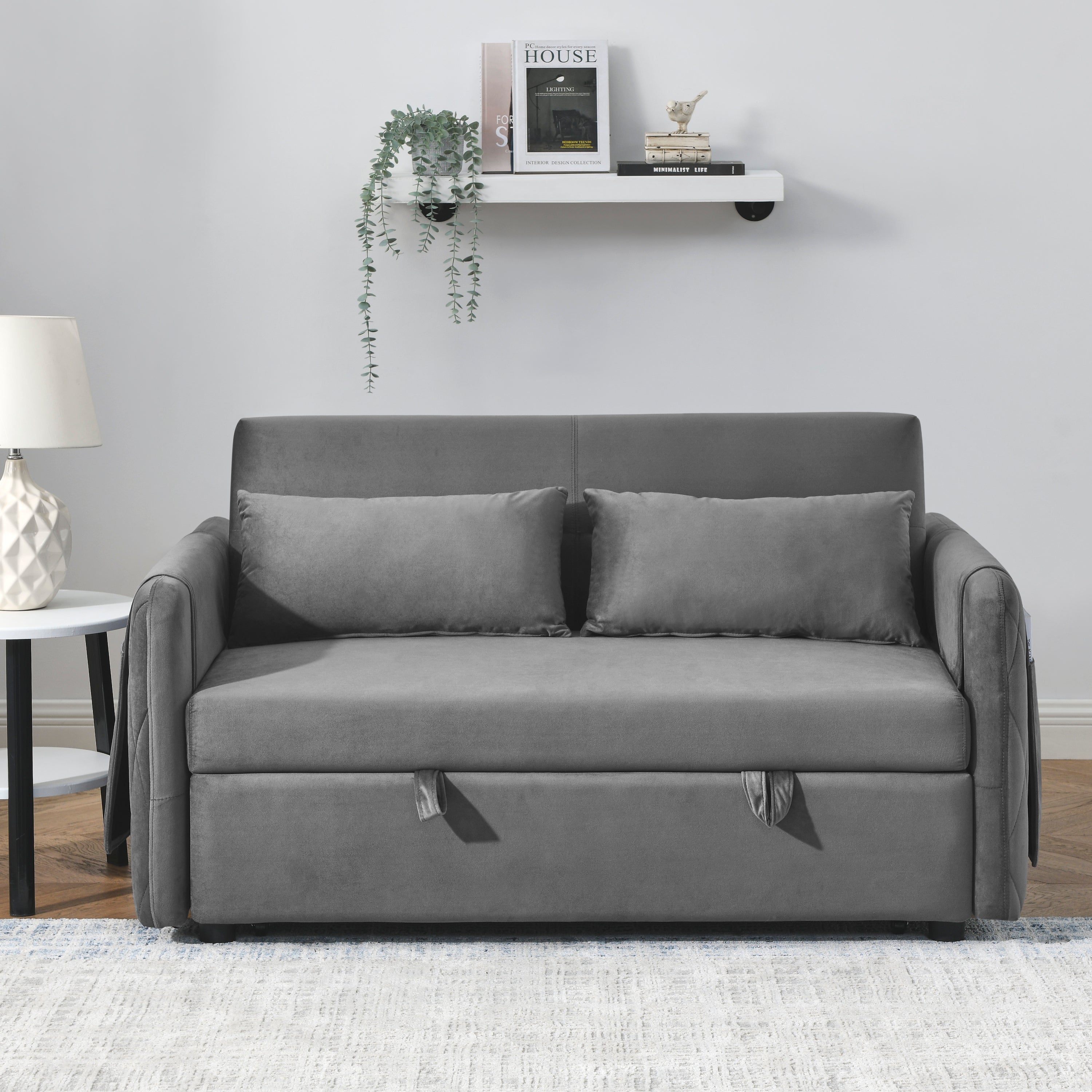 55' Modern Convertible Sofa Bed with 2 Detachable Arm Pockets, Velvet Loveseat Sofa with Pull Out Bed, 2 Pillows and Living Room Adjustable Backrest, Grid Design Armrests