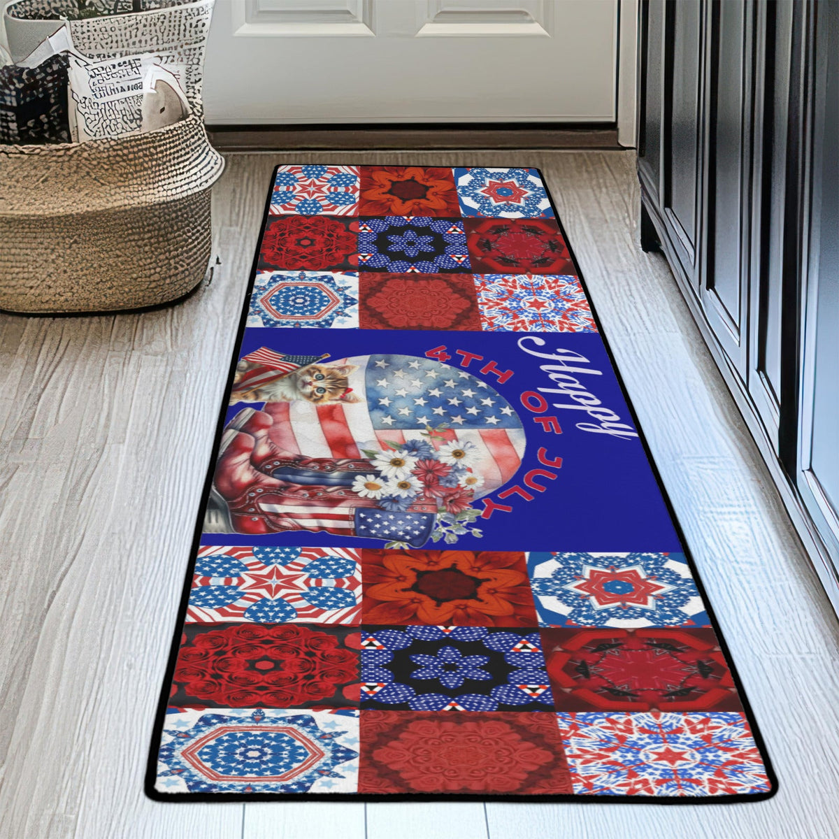 Kitten and Boots 4th of July 48x16 inch Area Rug with Black Binding (Made in USA)