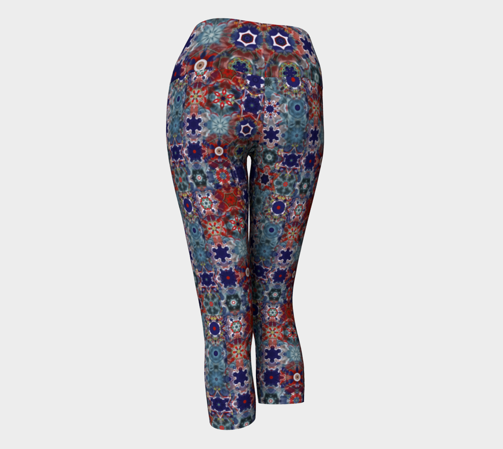 Blue & Red Floral Pattern Yoga Capri Leggings