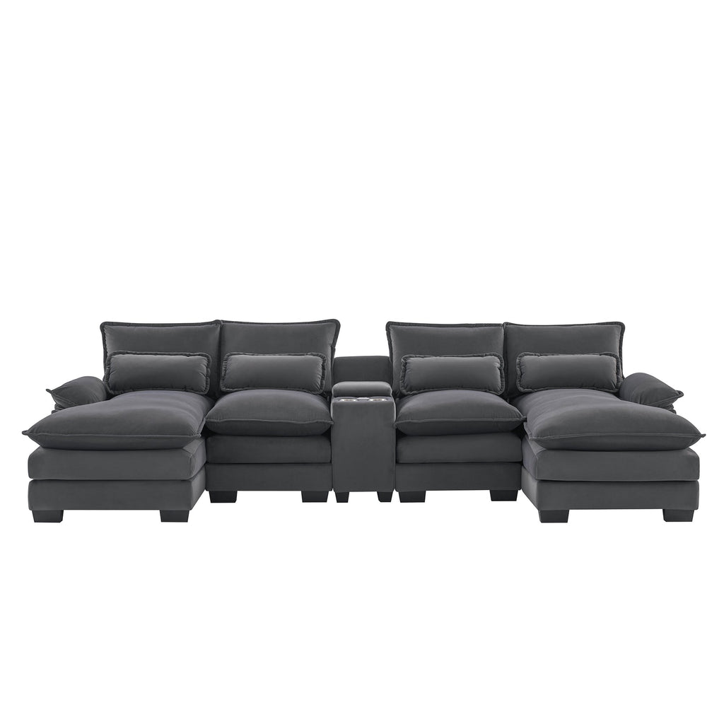 Modern U-shaped 6-Seat Sofa with Console, Cupholders, USB Ports, Velvet Upholstery in Gray