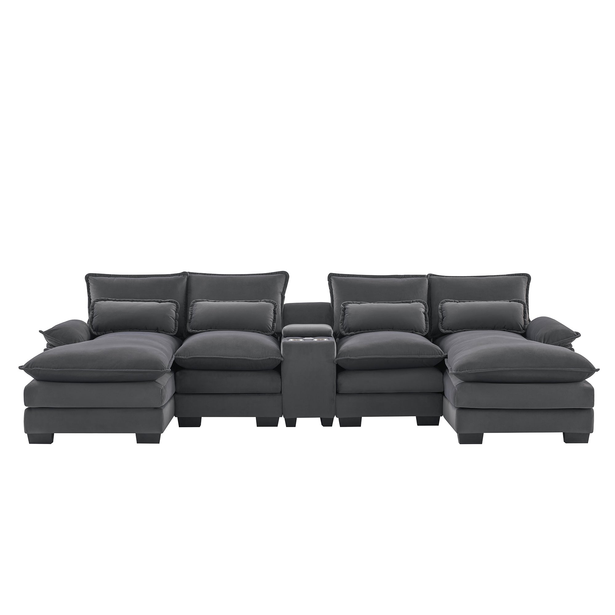 Modern U-shaped 6-Seat Sofa with Console, Cupholders, USB Ports, Velvet Upholstery in Gray