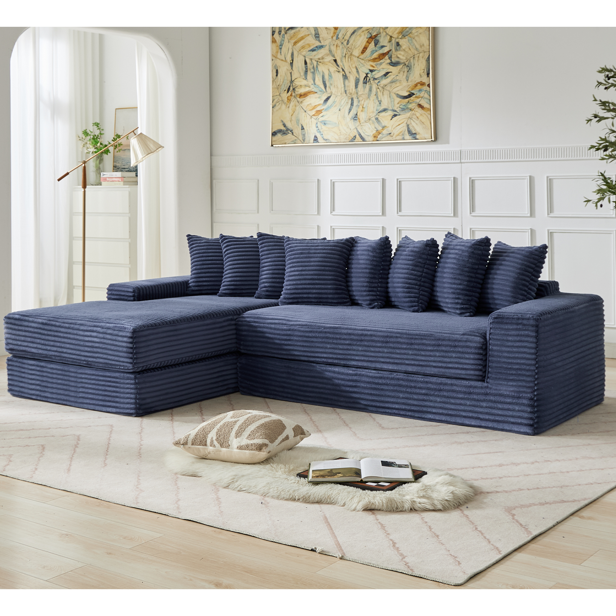 [NEW ARRIVED] [VIDEO PROVIDED]   Oversize Cloud Couch, L-Shape Sofa, Convertible Floor Sleeper Sofa Bed,  No Assembly ,Eight  pillows,3-in-1,Side Pocket,(Left Facing Sofa),3 Seat,Corduroy,Blue