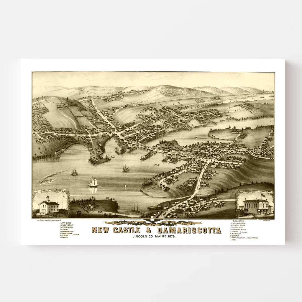 Vintage Map of New Castle & Damariscotta, Maine 1878