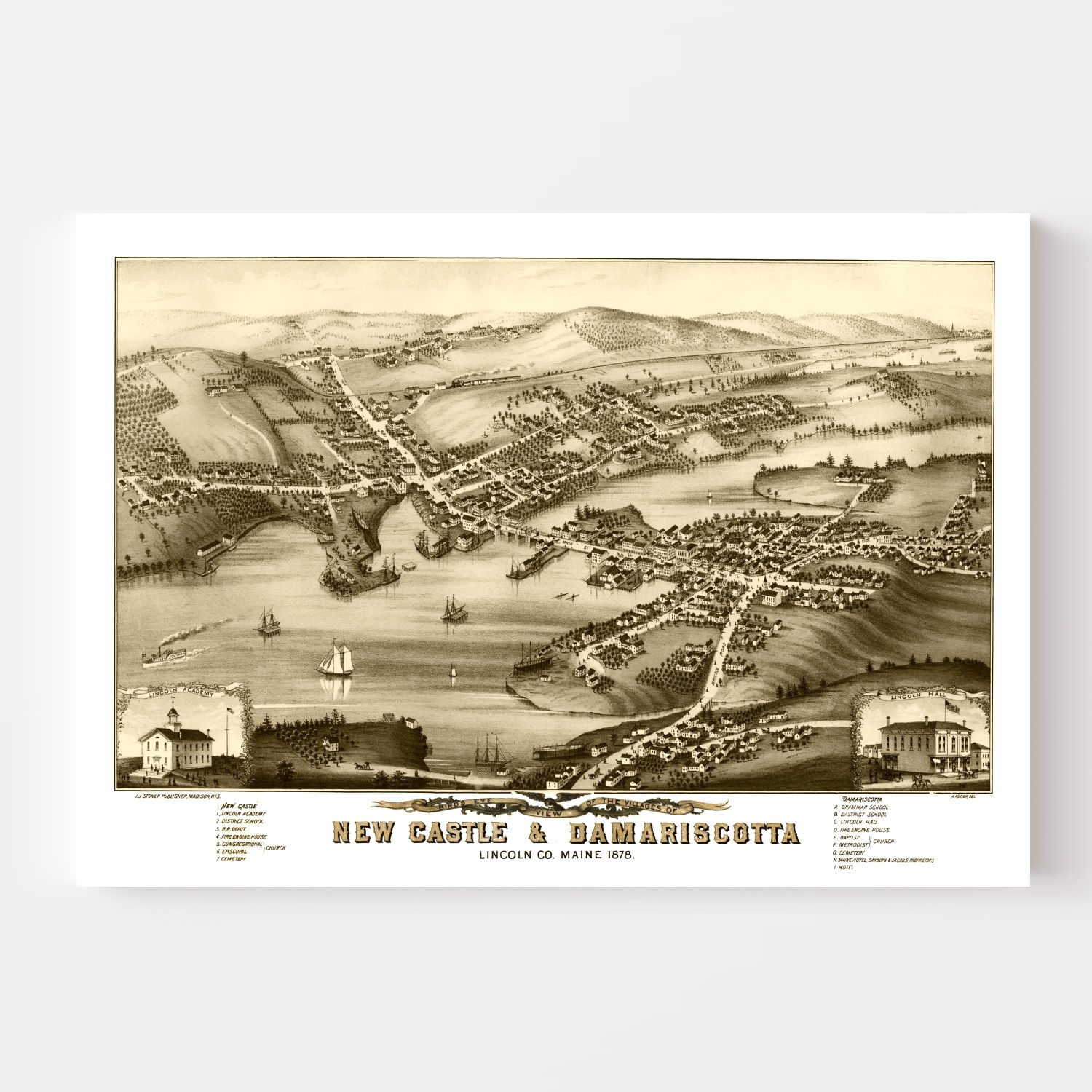 Vintage Map of New Castle & Damariscotta, Maine 1878