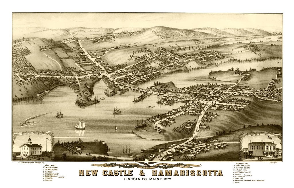 Vintage Map of New Castle & Damariscotta, Maine 1878