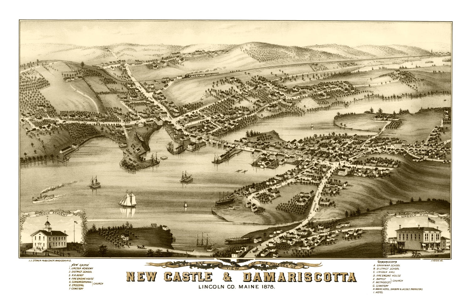 Vintage Map of New Castle & Damariscotta, Maine 1878