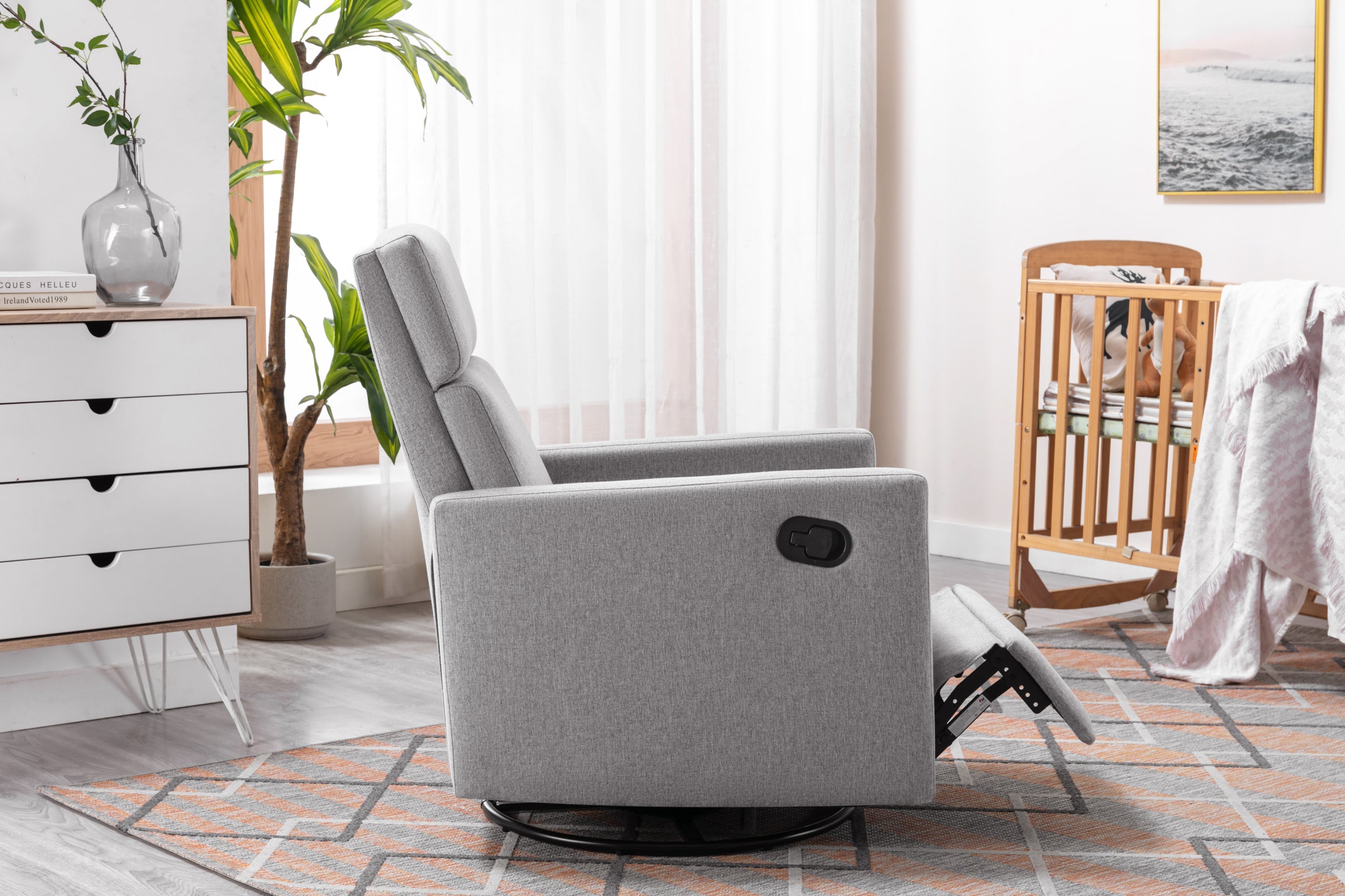 Modern Upholstered Rocker Nursery Chair Plush Seating Glider Swivel Recliner Chair, Gray Linen
