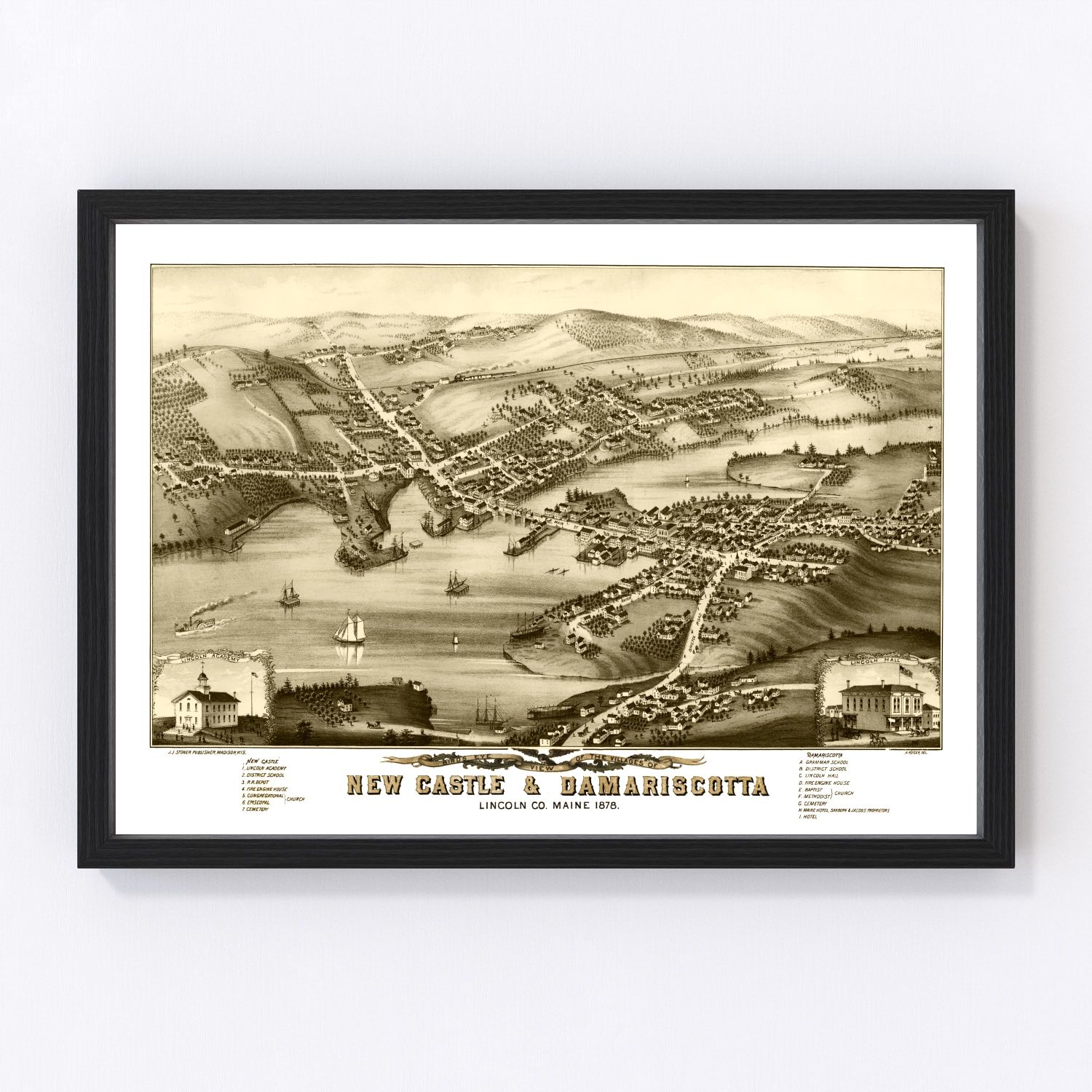Vintage Map of New Castle & Damariscotta, Maine 1878