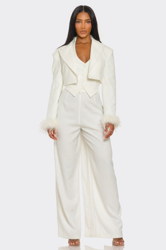Power & Plume Feather-Trim 3-Piece Suit