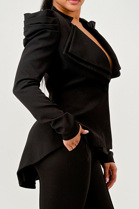 Ruched Shoulder Wide Collar Pant Set