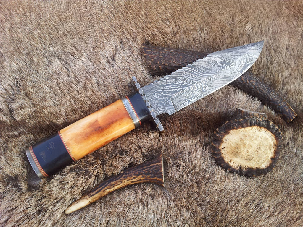 The Hunter's Choice: Custom Handmade Damascus Hunting Knife | Color Bone & Buffalo Horn | 11 Inches | Leather Sheath | KBS Knives