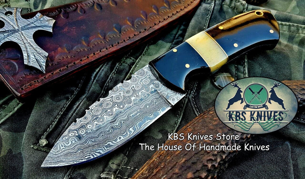 Custom Handmade Raindrop Damascus Steel Skinning Knife