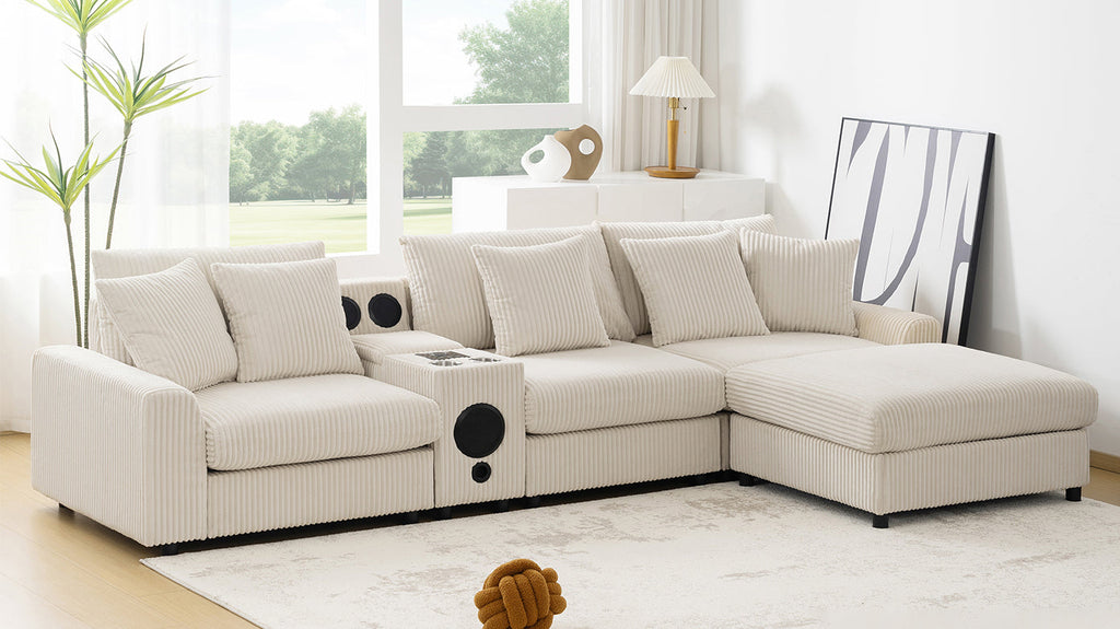 Modular Corduroy Sectional Sofa with Bluetooth Speakers, USB Charger, Cup Holders, Storage, Ottoman, 114*64'' Cream