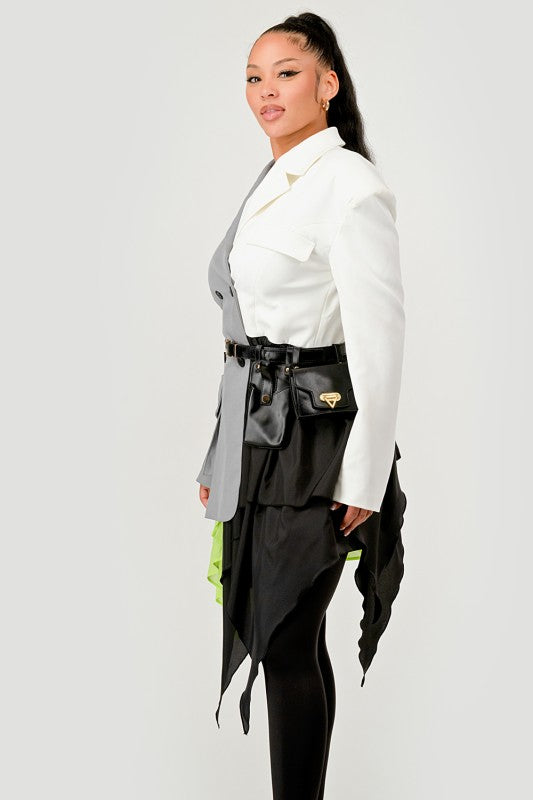 Colorblock Blazer with Layered Skirt Detail