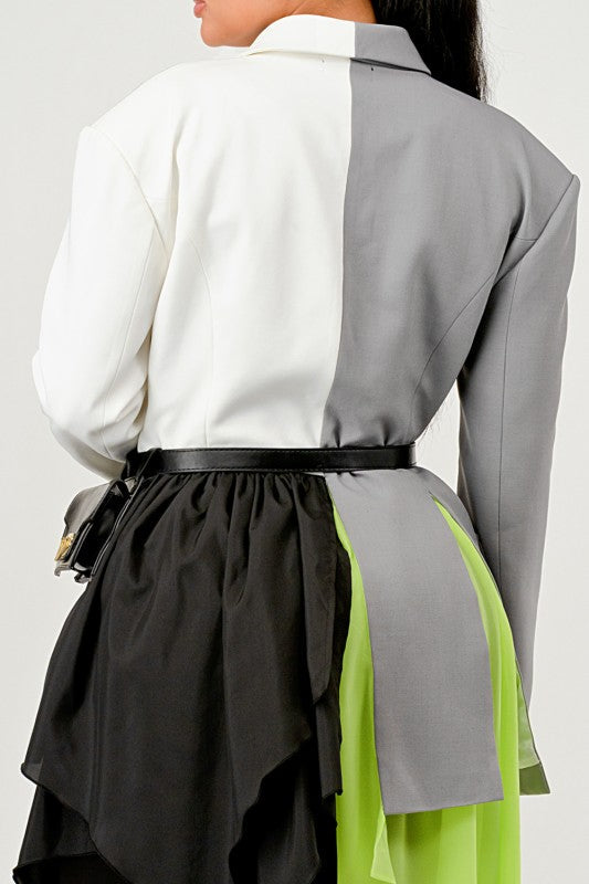 Colorblock Blazer with Layered Skirt Detail