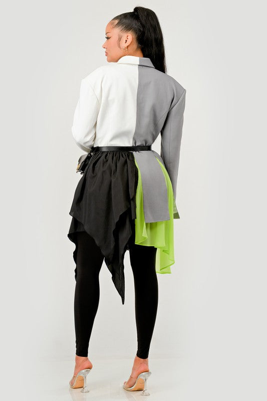 Colorblock Blazer with Layered Skirt Detail