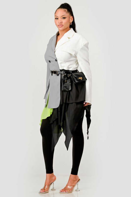 Colorblock Blazer with Layered Skirt Detail