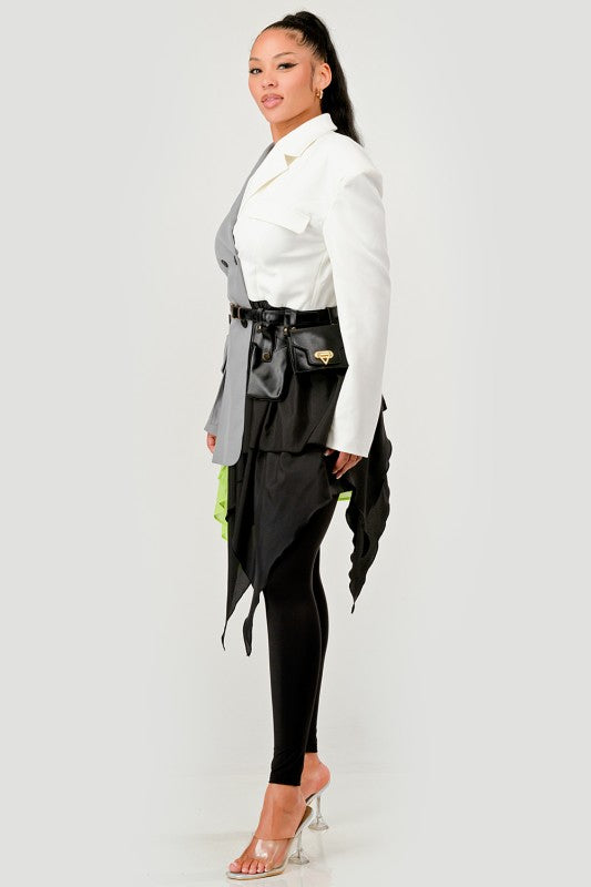 Colorblock Blazer with Layered Skirt Detail