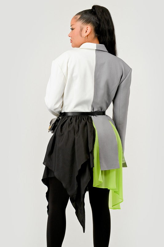 Colorblock Blazer with Layered Skirt Detail