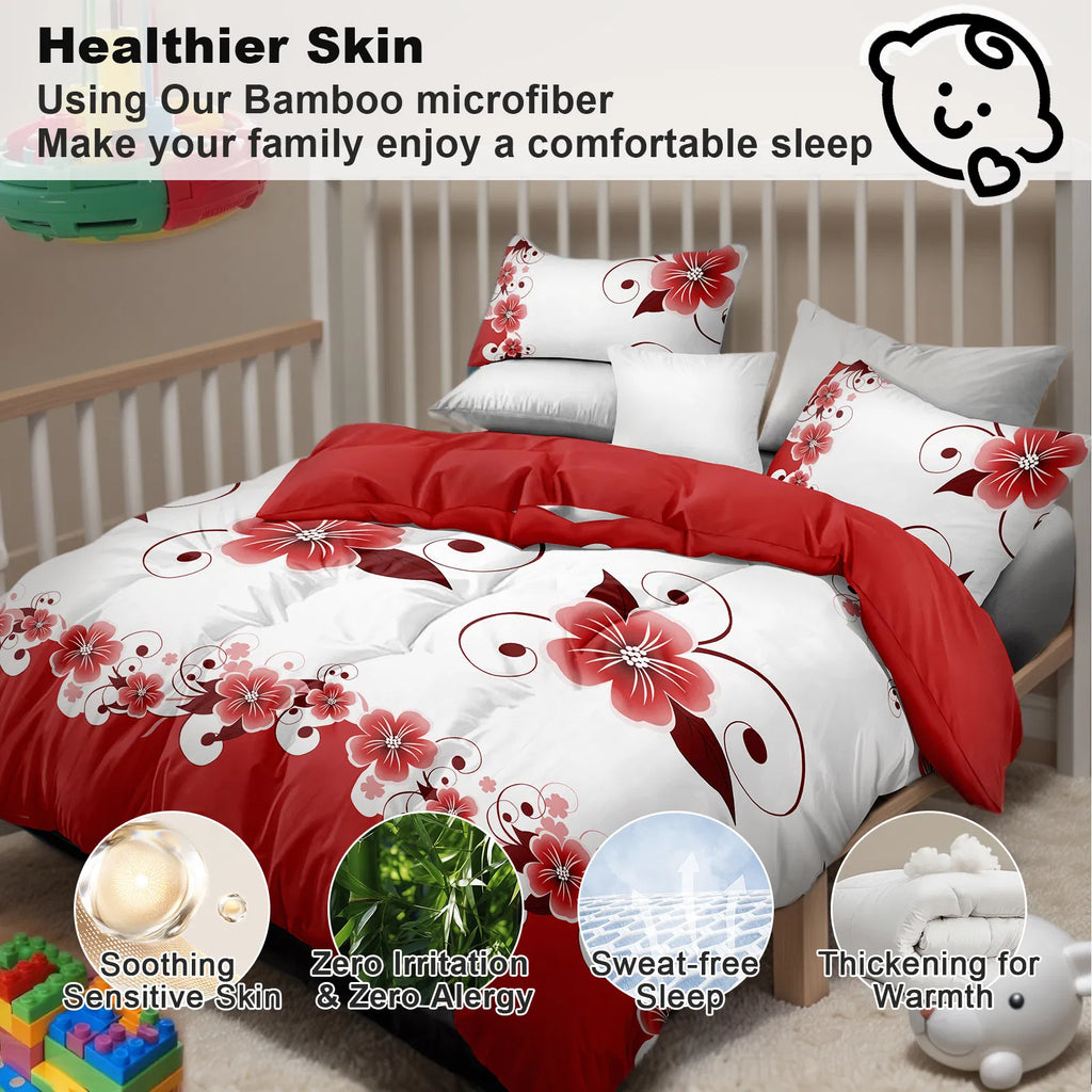 Red White Floral Duvet Cover & Curtain Set 9 Piece, Queen Size - Coordinated Bedding Bundle with Sheer Grommet Drapes, 2 Pillowcases & Matching Curtains, Machine Washable
