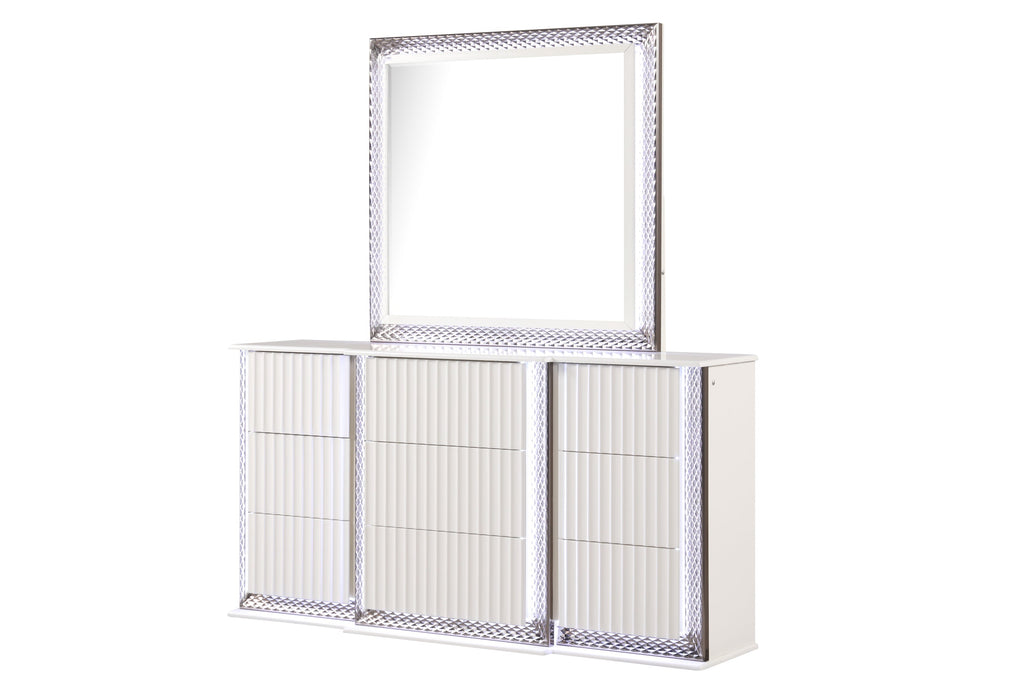 Fabio Contemporary Style Queen 5PC Bedroom set Made with Diamond-Shaped Side Accents, LED Lighting and Wood in White Finish (NJ INVENTORY)