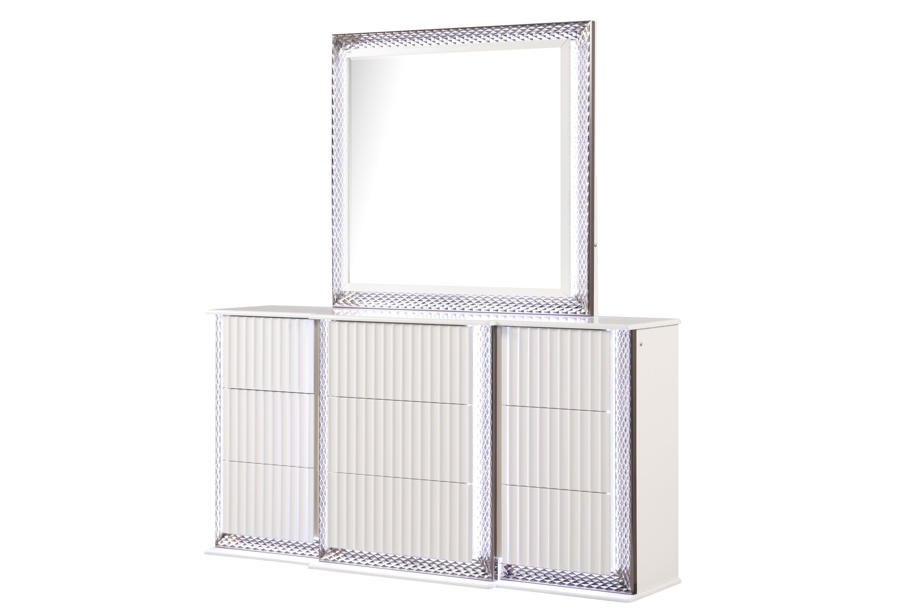 Fabio Contemporary Style Queen 5PC Bedroom set Made with Diamond-Shaped Side Accents, LED Lighting and Wood in White Finish (NJ INVENTORY)